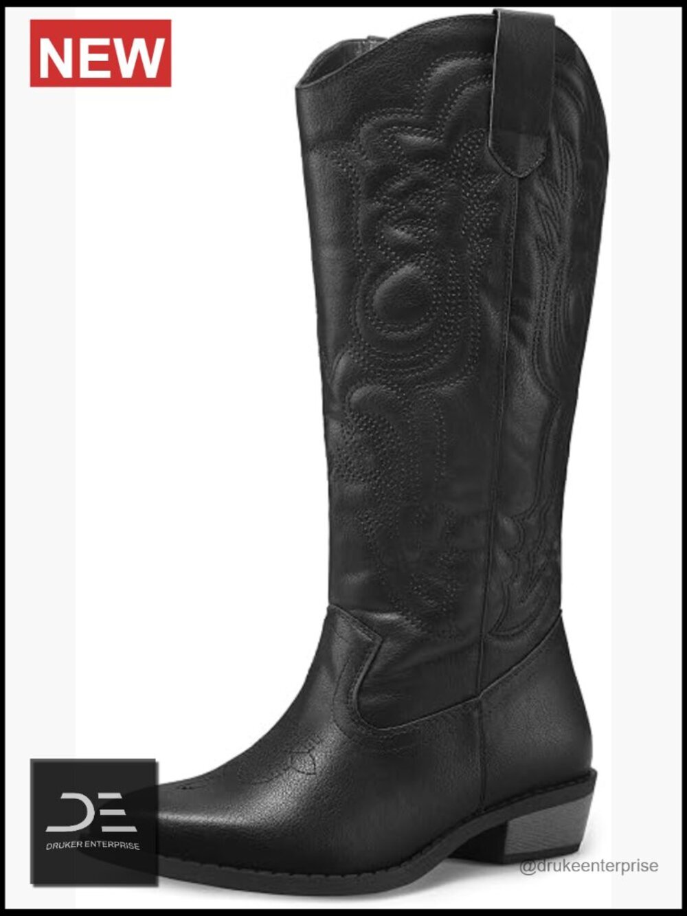 Women's Mid Calf Cowboy Boots Pointed Toe Chunky Heel Embroidered Pull On